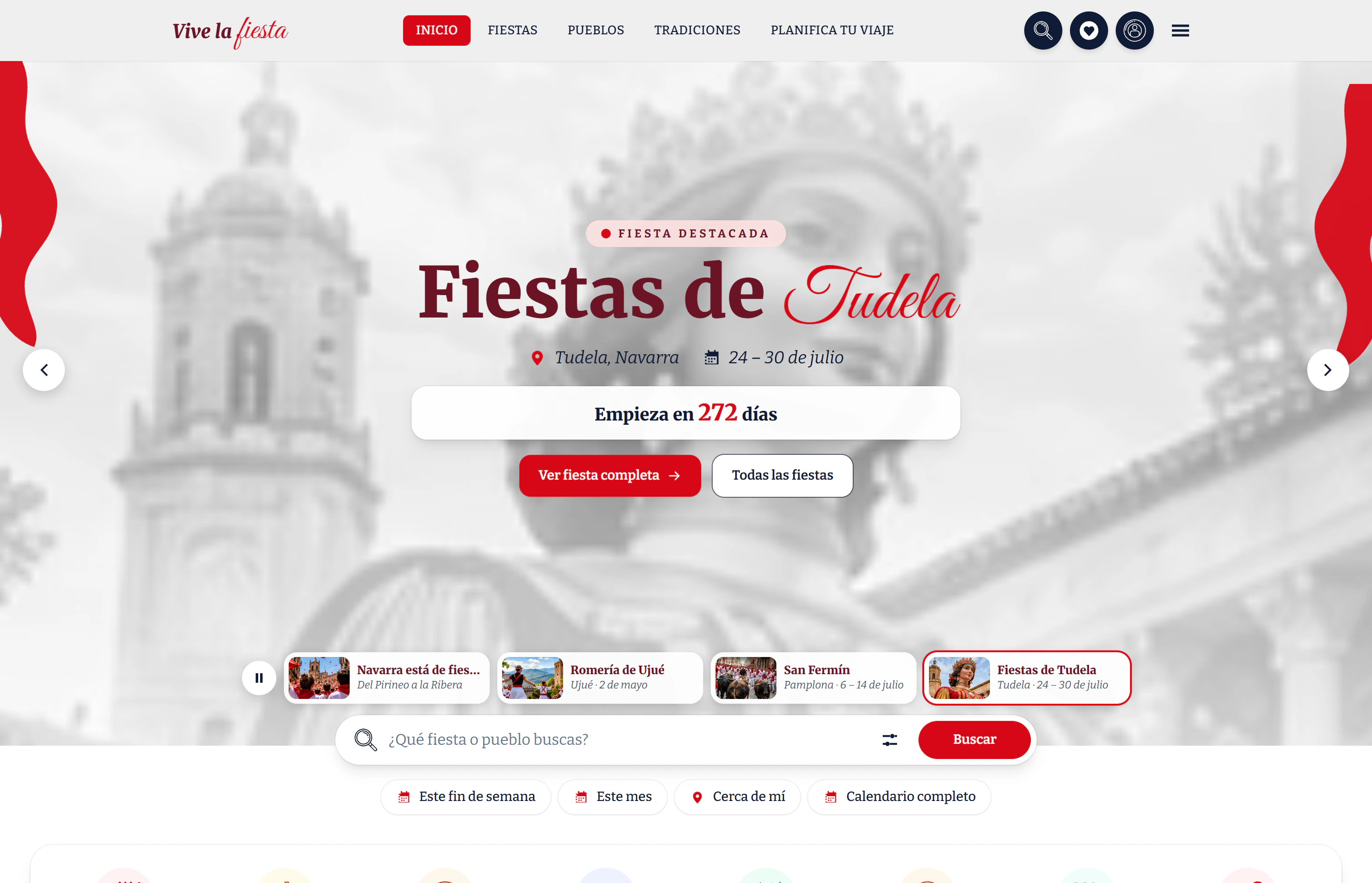 La portada de vivelafiesta.es: la fiesta destacada con su cuenta atrás, el buscador y las secciones de la guía